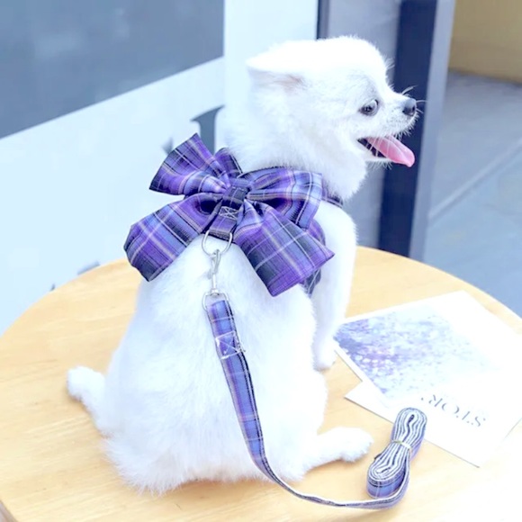 Other - NEW Purple Plaid Bow Dog Harness w/ Matching Leash! Sz Medium